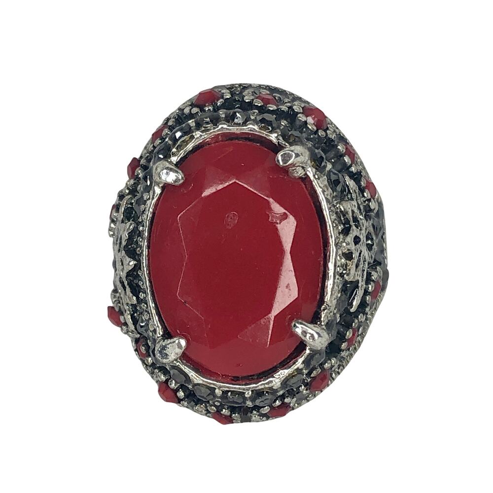 Silver and Red Rhinestone Statement Ring - Size 9 - Picture 3 of 6